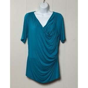 Worthington Women's Teal Blue Draped Surplice Ruched Short Sleeve Blouse Size M